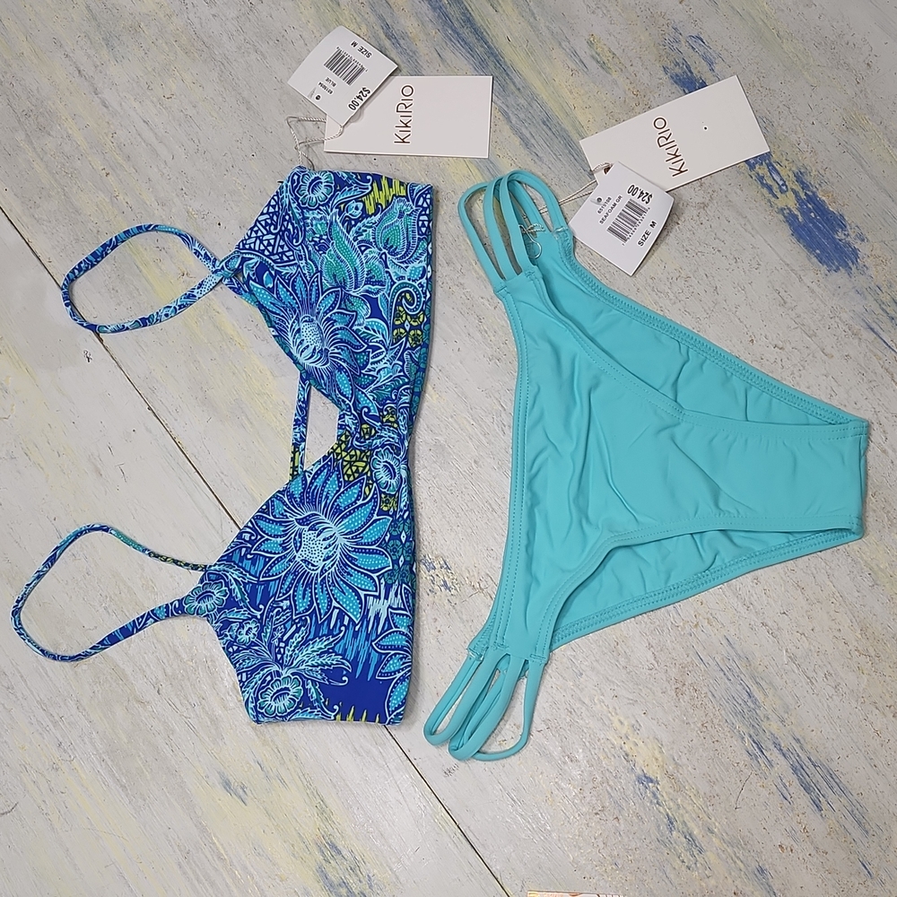 NWT Kiki Rio Bikini Reversible Top Teal/ Green/Blue Size Medium